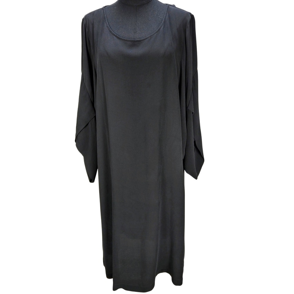 Women's Eileen Fisher Large 100% Silk Black‎ 3/4 Sleeve Shift Dress Crepe